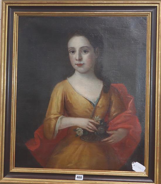 18th century English School, oil on canvas, Portrait of a lady holding a basket of flowers, 63 x 54cm